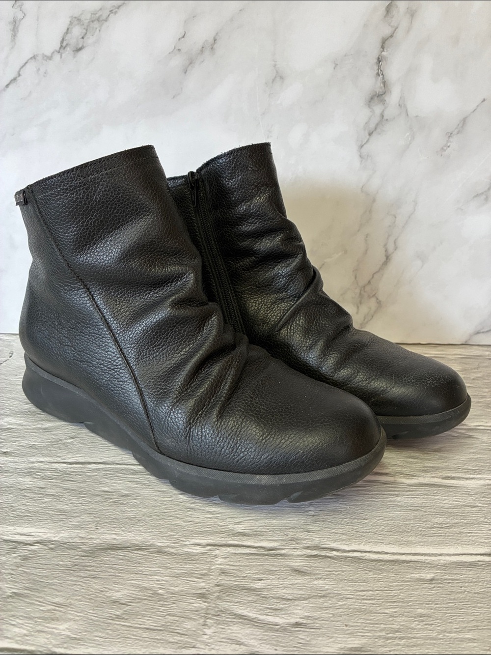 Mephisto Celiane Black Leather Ruched Ankle Booties With Side Zip